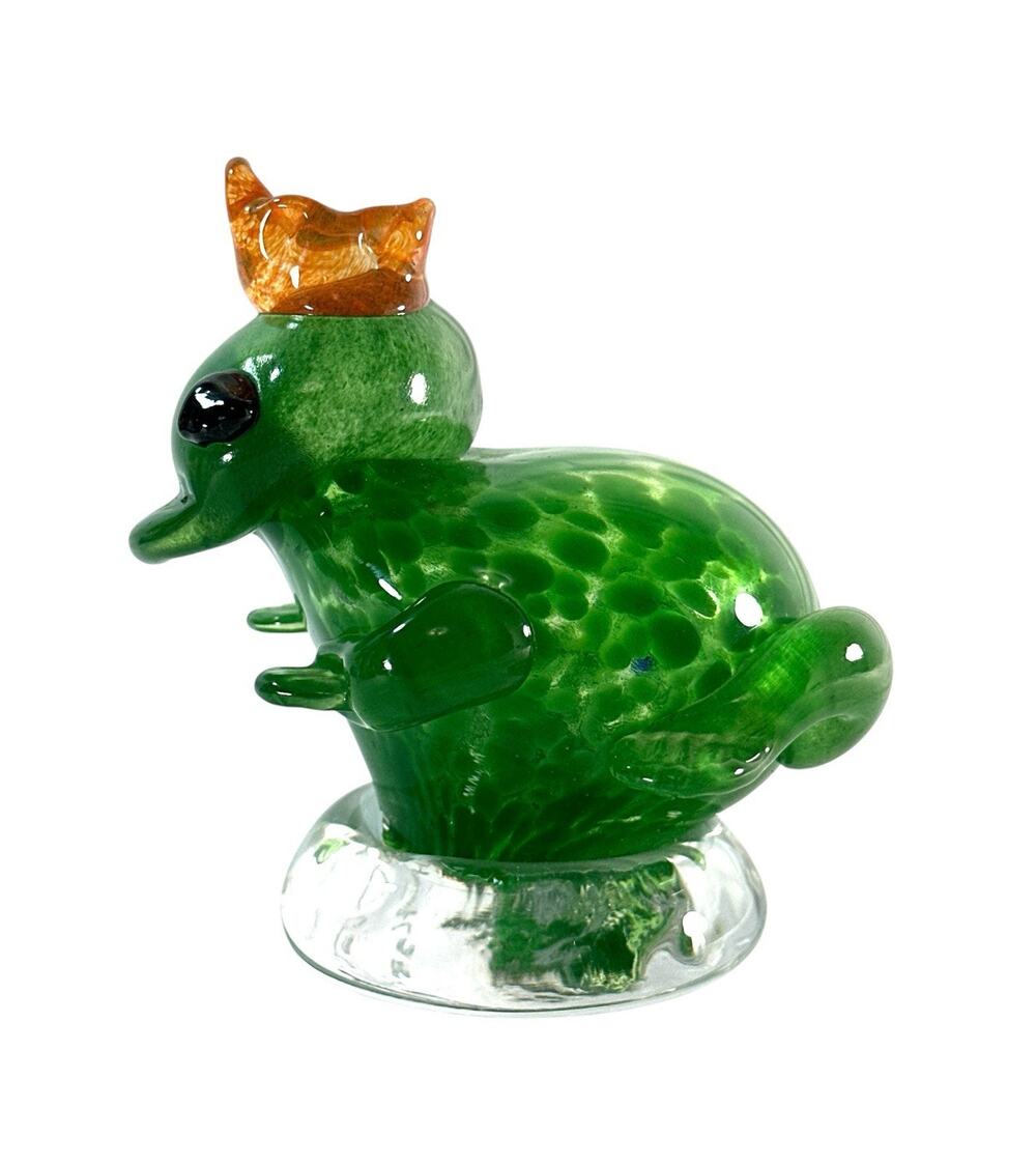 Hand Blown Art Glass Frog Prince Figurine Green Spotted Glass Amber Crown 4"